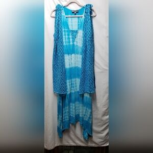 Blue Tie-Dye Sleeveless Dress with Matching Vest